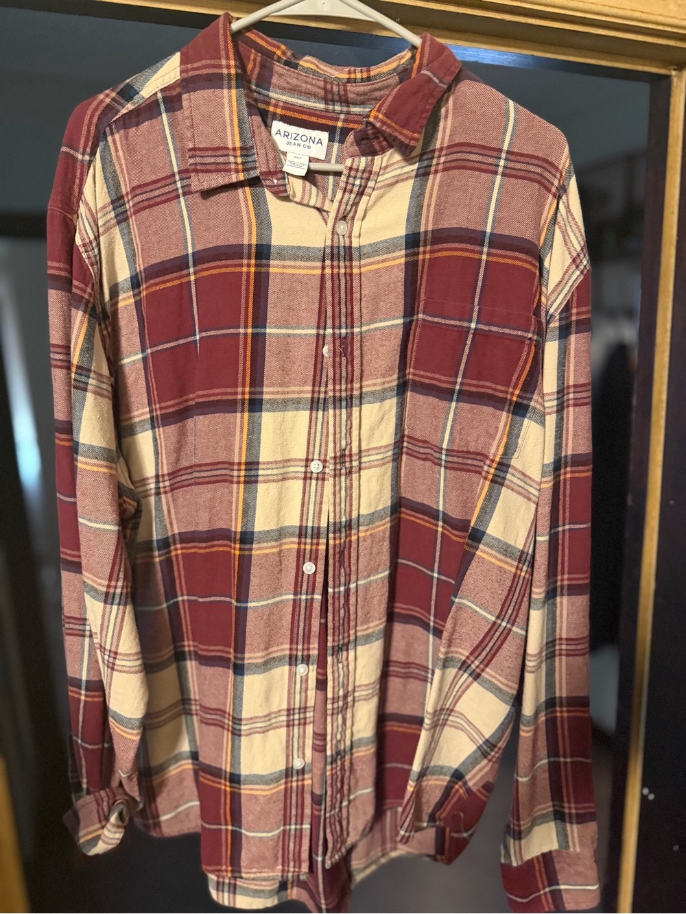 Arizona Jean Company Men’s Burgundy and Cream Plaid Button-Down Shirt